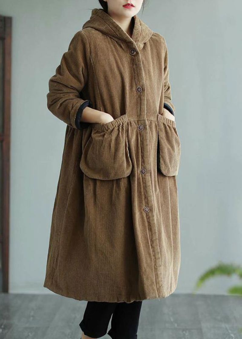 Manteau Maxi À La Mode Avec Poches À Capuche Modernes Kaki Vêtements D'extérieur Quotidiens - Kaki