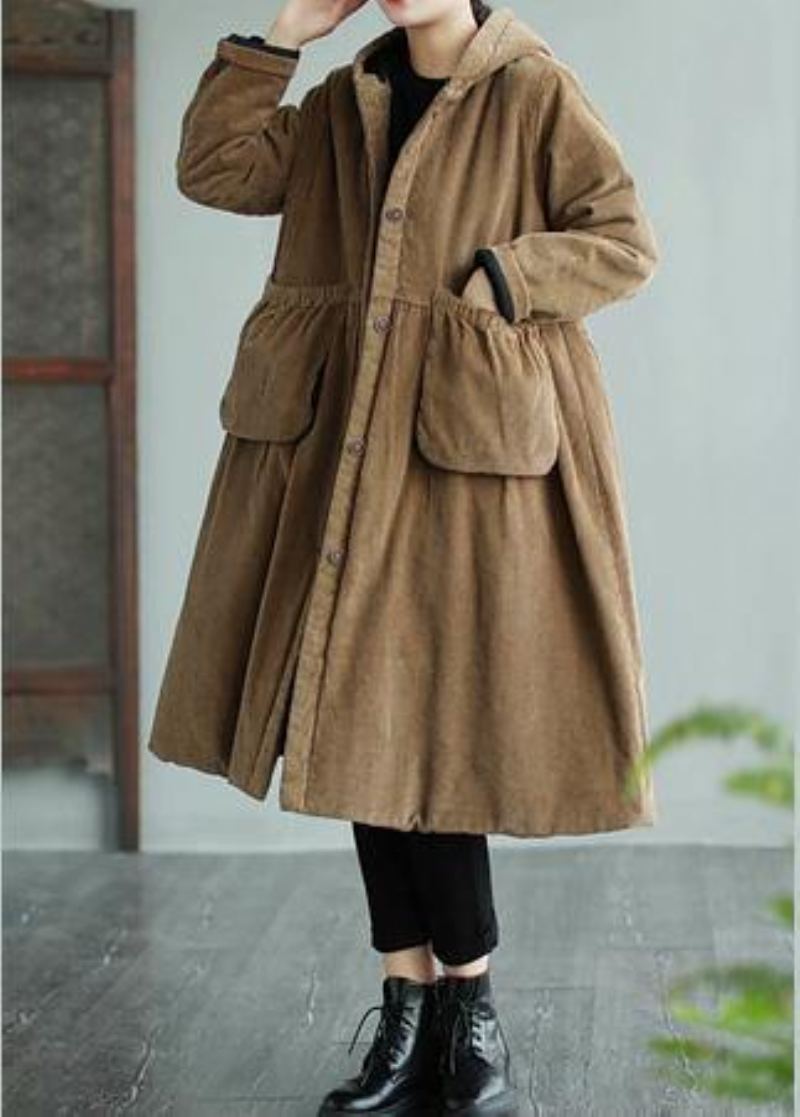 Manteau Maxi À La Mode Avec Poches À Capuche Modernes Kaki Vêtements D'extérieur Quotidiens - Kaki