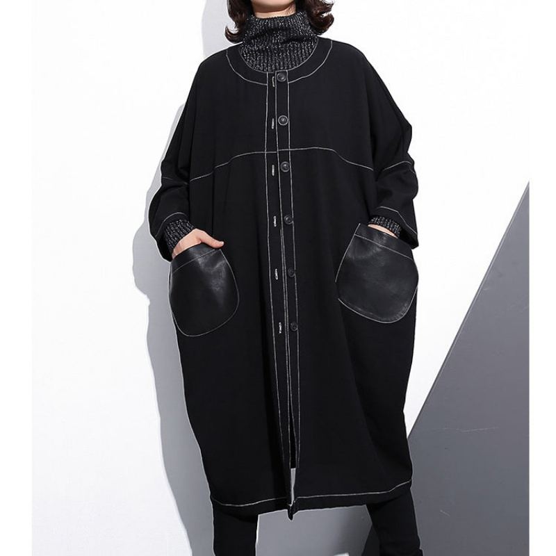 Manteau Maxi Noir De Luxe Grande Taille Col Rond Baggy Poches Boutique