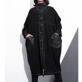 Manteau Maxi Noir De Luxe Grande Taille Col Rond Baggy Poches Boutique