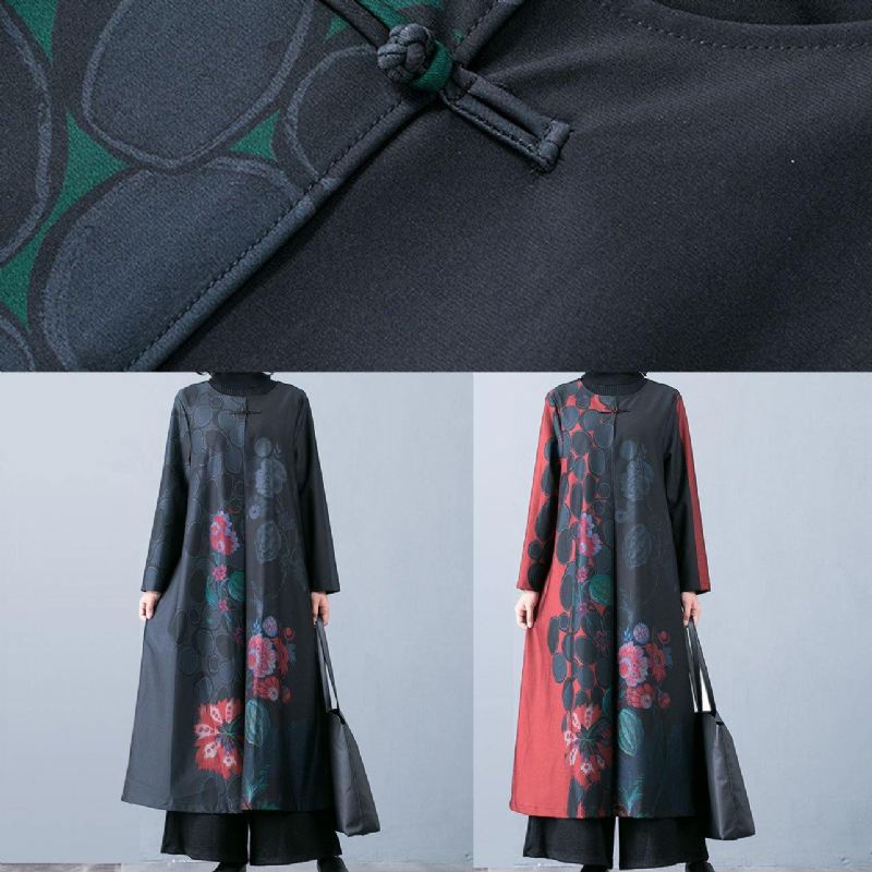 Manteau Maxi Rouge Surdimensionné Trench-coat D'automne Imprimé Col Rond Boutons Chinois Vêtements D'extérieur Boutique - Vert