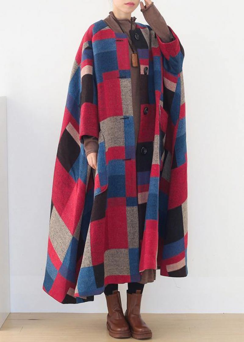 Manteau Maxi Surdimensionné Hiver Cachemire Coatred Plaid Mode Vêtements D'extérieur En Laine - Rouge