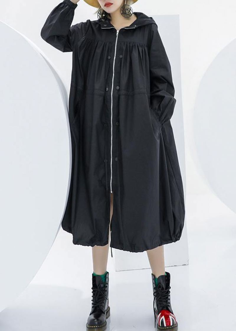 Manteau Maxi Surdimensionné Noir Élégant Poches À Capuche Zippé