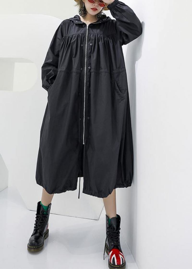 Manteau Maxi Surdimensionné Noir Élégant Poches À Capuche Zippé - Trenchs femmes