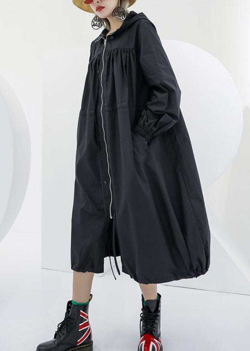 Manteau Maxi Surdimensionné Noir Élégant Poches À Capuche Zippé - Trenchs femmes