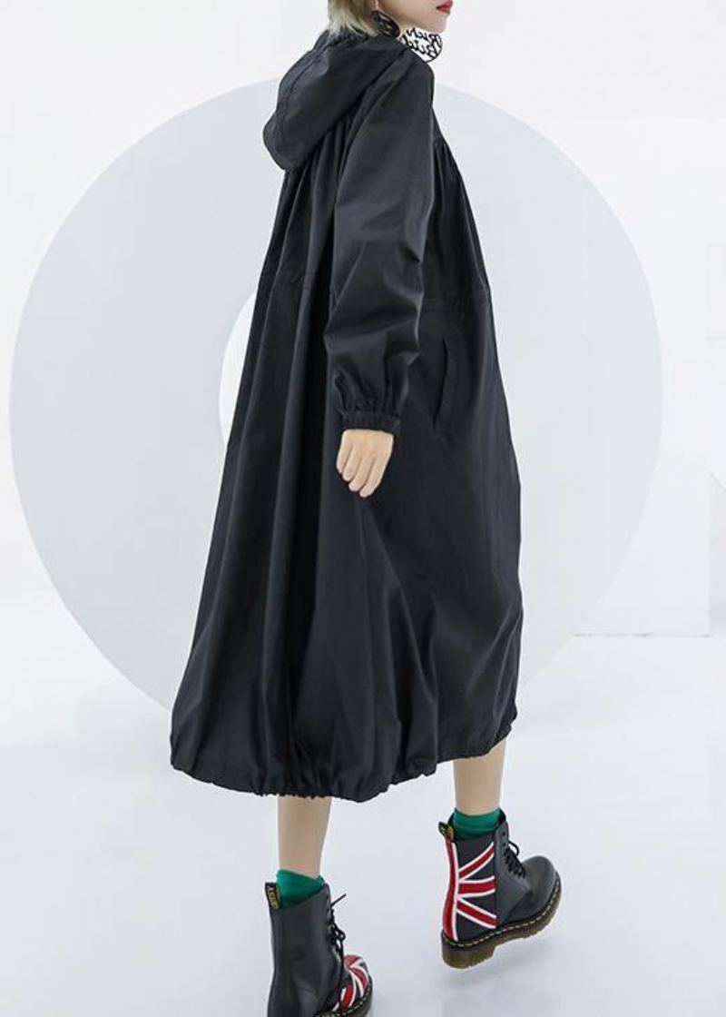 Manteau Maxi Surdimensionné Noir Élégant Poches À Capuche Zippé - Trenchs femmes