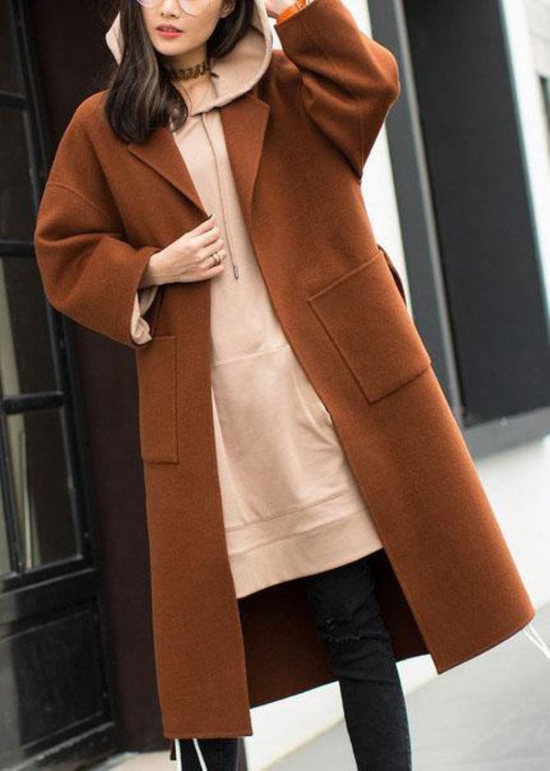 Manteau Mi-long Grande Taille Cranté Marron Cravate Côté Ouvert En Laine Femmes