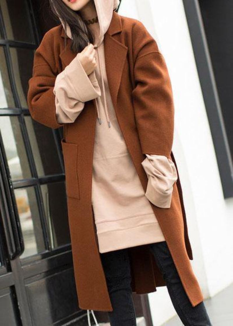 Manteau Mi-long Grande Taille Cranté Marron Cravate Côté Ouvert En Laine Femmes - Trenchs femmes