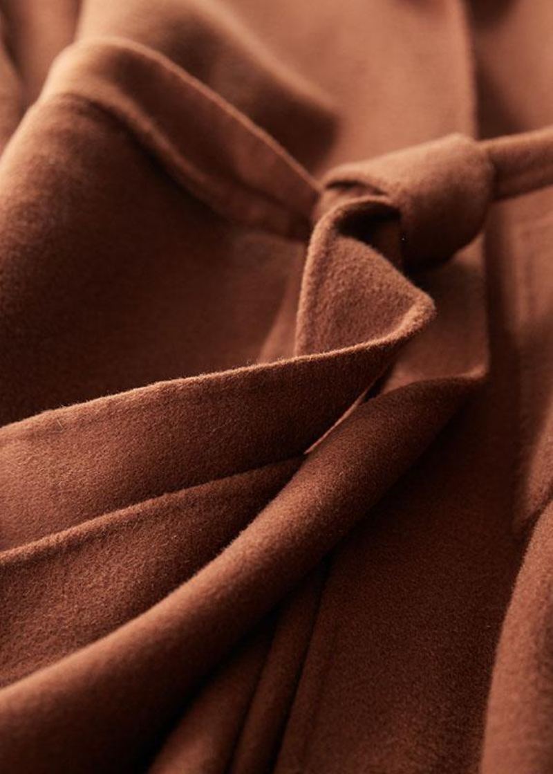 Manteau Mi-long Grande Taille Cranté Marron Cravate Côté Ouvert En Laine Femmes - Trenchs femmes