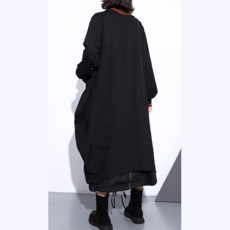 Manteau Noir De Luxe Grande Taille Col Rond Design Asymétrique Manteaux Longs À Fermeture Éclair - Noir