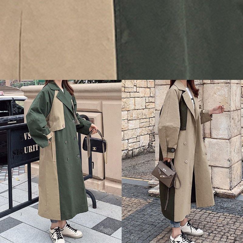 Manteau Patchwork Double Poitrine En Coton Vert Fait Main - Trenchs femmes