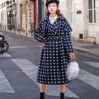 Manteau À Pois Bleu Marine Surdimensionné Trench-coat Cranté Veste En Laine À Nouer À La Taille