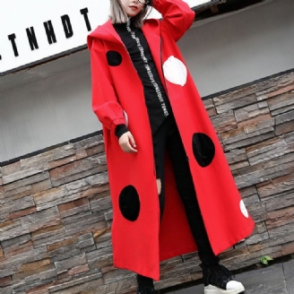 Manteau À Pois Rouge Fin Surdimensionné Vêtements D'extérieur À Capuche Manteaux Longs Amples Ouverts Sur Le Côté À La Mode