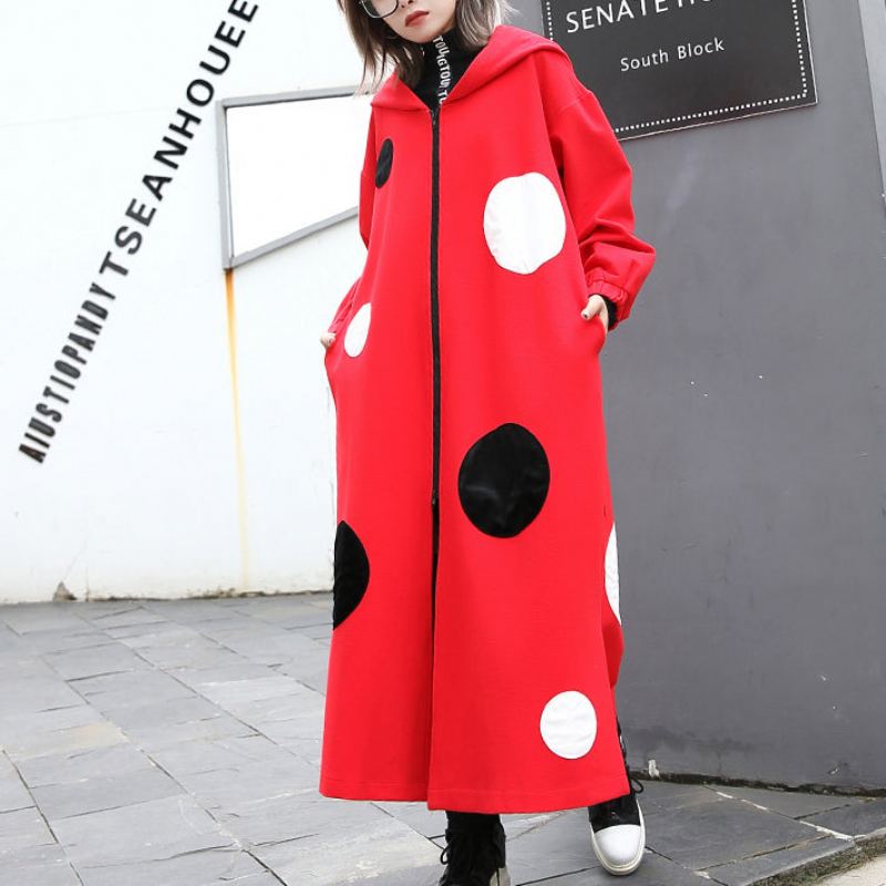 Manteau À Pois Rouge Fin Surdimensionné Vêtements D'extérieur À Capuche Manteaux Longs Amples Ouverts Sur Le Côté À La Mode - Rouge