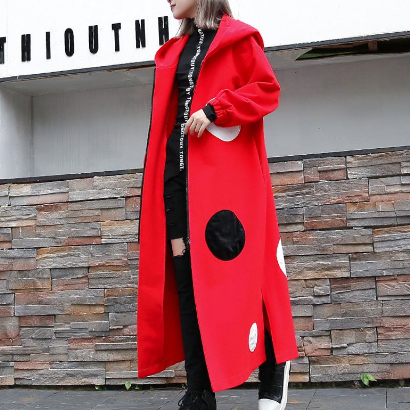 Manteau À Pois Rouge Fin Surdimensionné Vêtements D'extérieur À Capuche Manteaux Longs Amples Ouverts Sur Le Côté À La Mode - Rouge