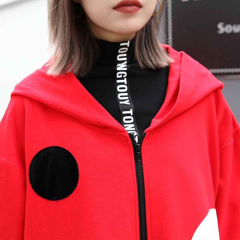 Manteau À Pois Rouge Fin Surdimensionné Vêtements D'extérieur À Capuche Manteaux Longs Amples Ouverts Sur Le Côté À La Mode - Rouge