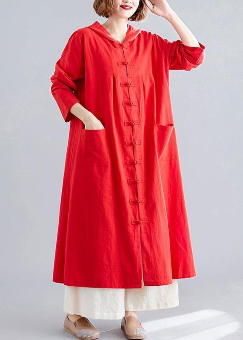 Manteau Rouge Pour Femmes Grande Taille Manteaux À Capuche Poches À Boutons Chinois - Trenchs femmes