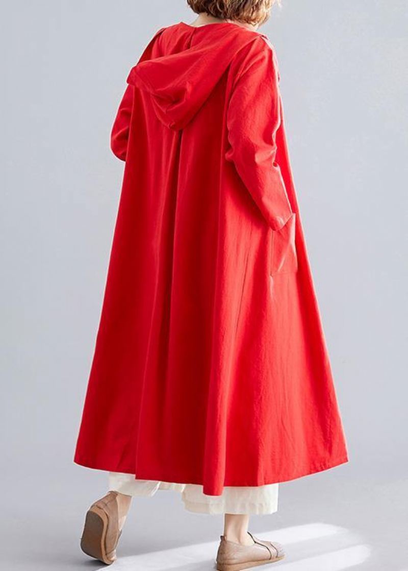 Manteau Rouge Pour Femmes Grande Taille Manteaux À Capuche Poches À Boutons Chinois - Trenchs femmes