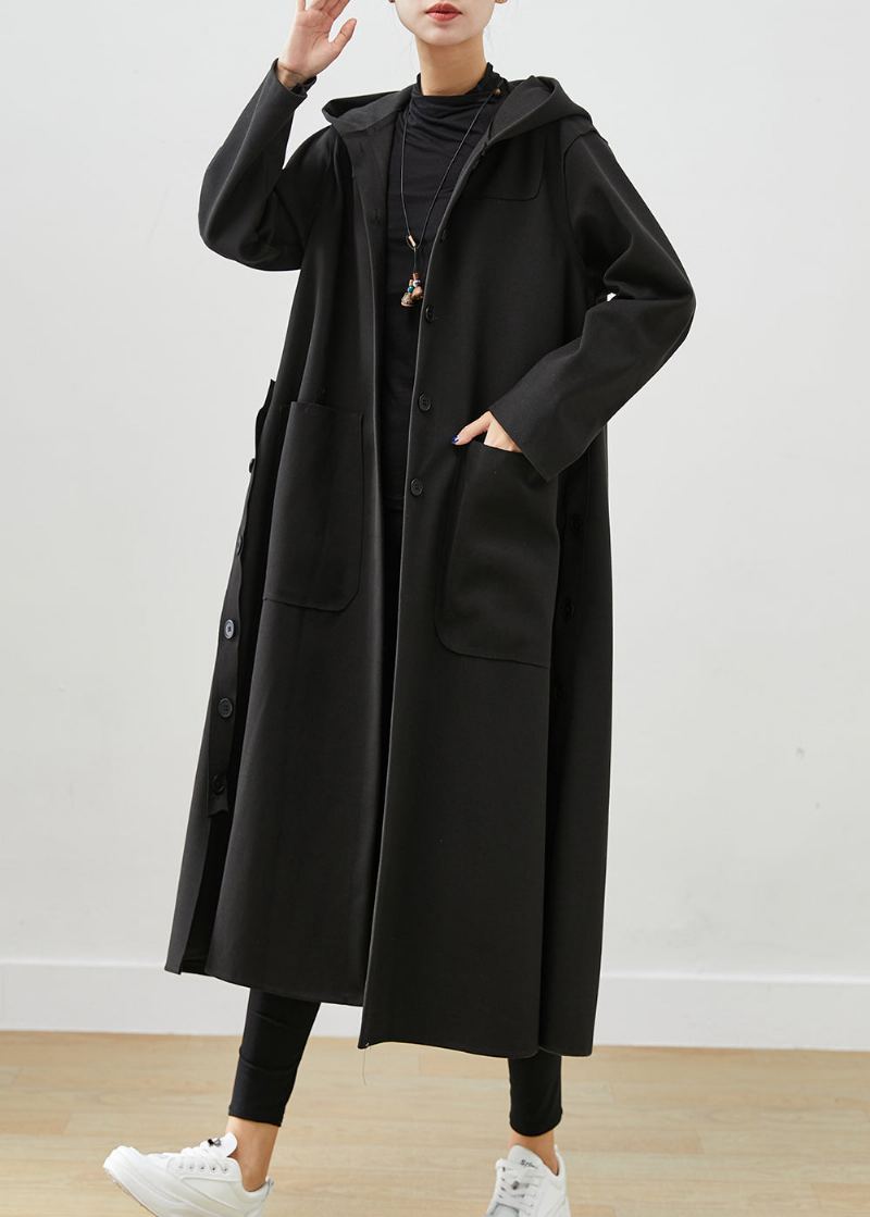 Manteau Surdimensionné Noir En Coton Avec Poches À Capuche Automne