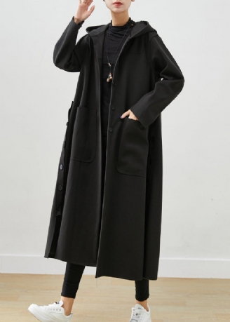 Manteau Surdimensionné Noir En Coton Avec Poches À Capuche Automne