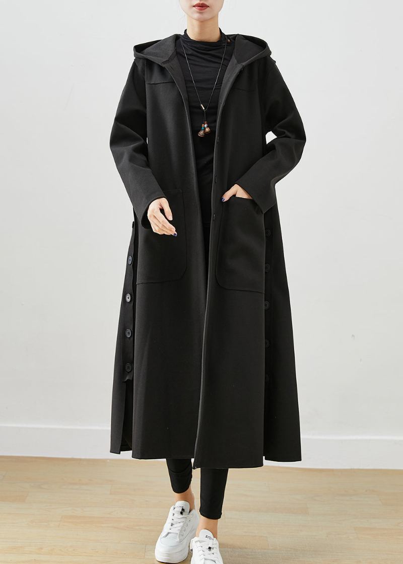 Manteau Surdimensionné Noir En Coton Avec Poches À Capuche Automne - Trenchs femmes