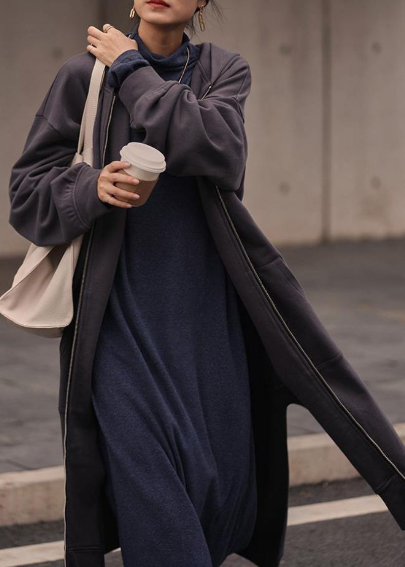 Manteau Tunique Gris Foncé Naturel À Capuche Ouvert Sur Le Côté Manteaux Pour Femmes