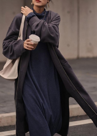 Manteau Tunique Gris Foncé Naturel À Capuche Ouvert Sur Le Côté Manteaux Pour Femmes