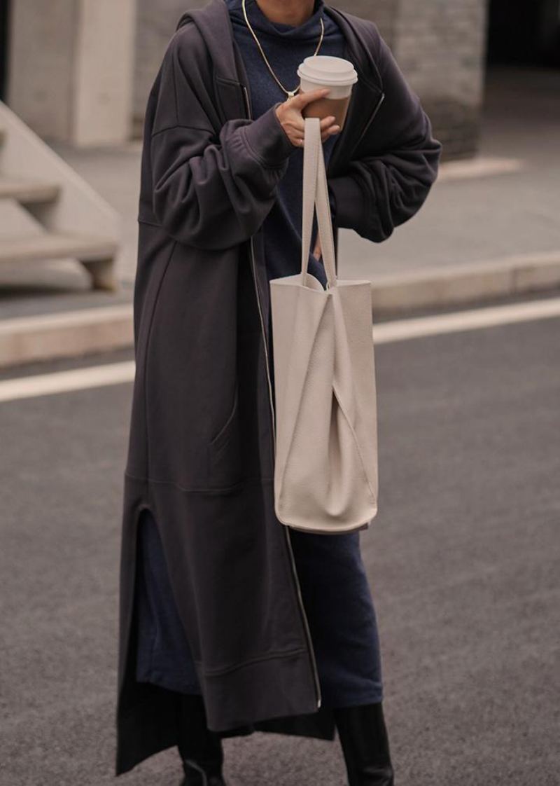 Manteau Tunique Gris Foncé Naturel À Capuche Ouvert Sur Le Côté Manteaux Pour Femmes - Bleu