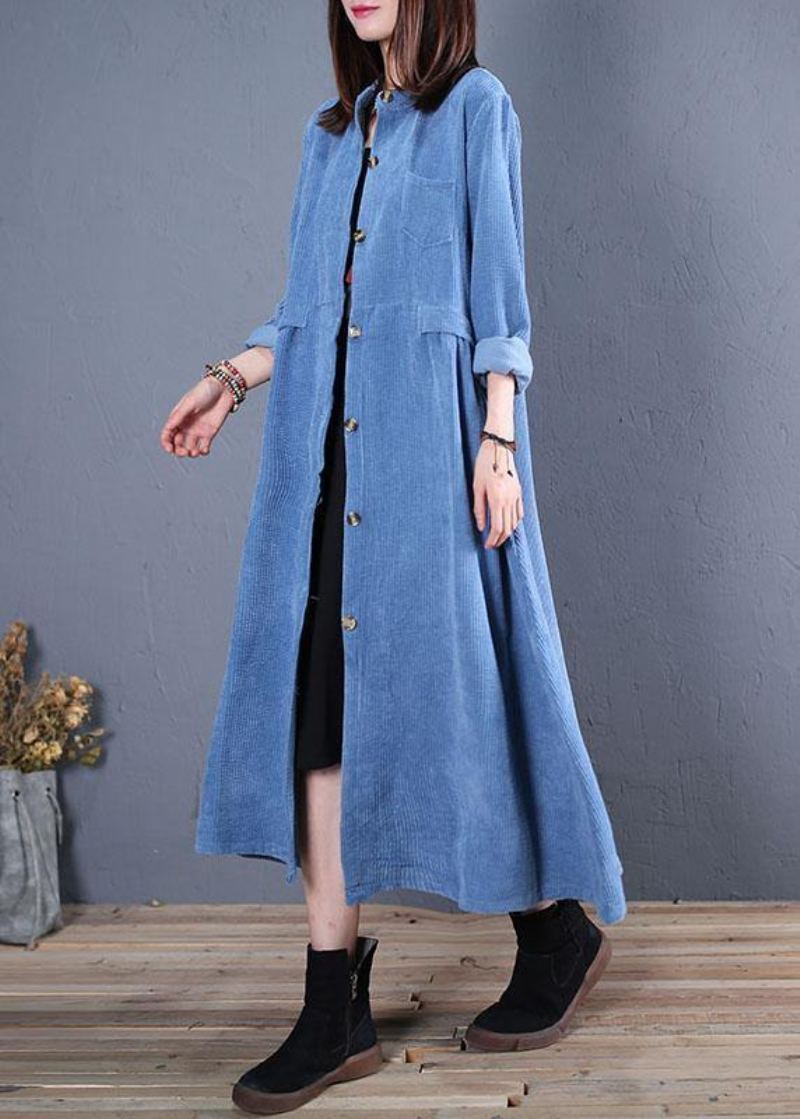 Manteau En Velours Côtelé Mélangé Bleu Clair Avec Poches À Col Rond Pour Femme - Bleu Clair