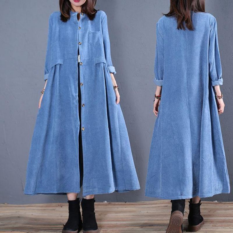 Manteau En Velours Côtelé Mélangé Bleu Clair Avec Poches À Col Rond Pour Femme - Bleu Clair