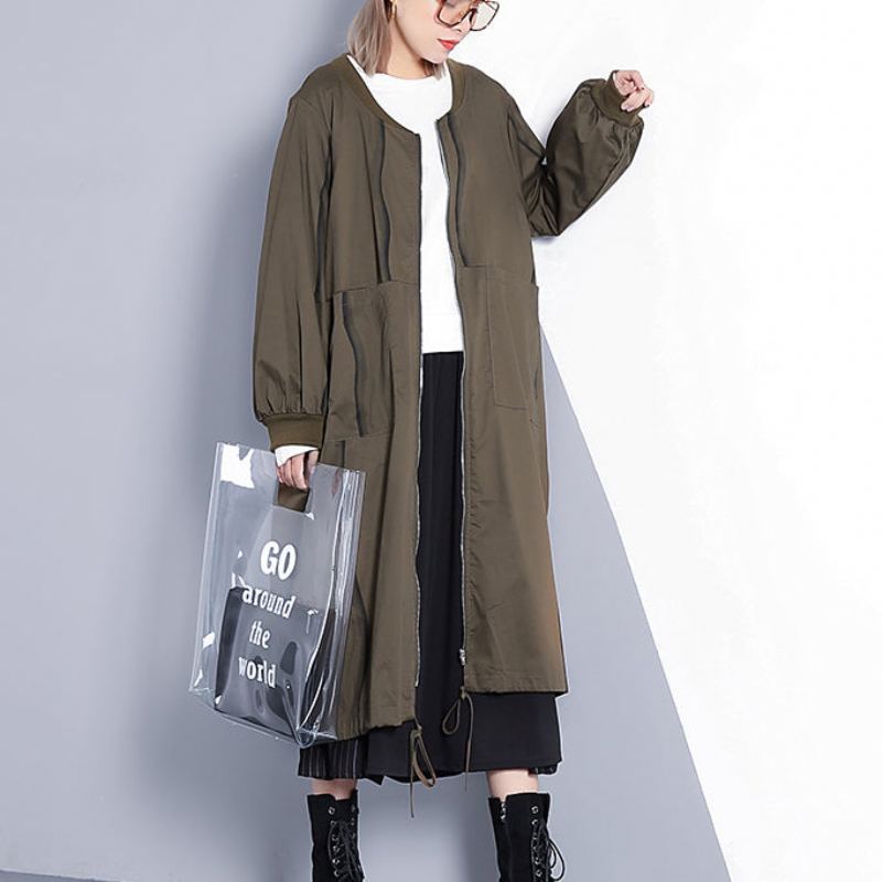 Manteau Vert Armée Fine Grande Taille Col Montant Long Nouveau Trench Baggy Cintré