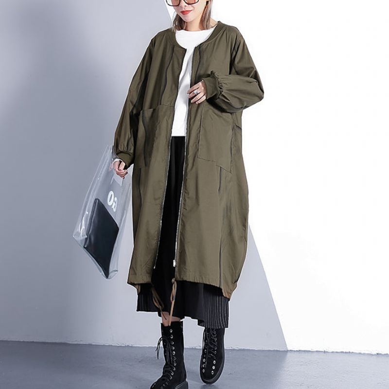 Manteau Vert Armée Fine Grande Taille Col Montant Long Nouveau Trench Baggy Cintré - Vert