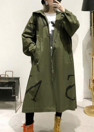 Manteau Vert Armée Grande Taille D'automne Long Poches À Capuche Vêtements D'extérieur Zippés