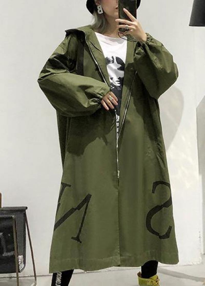 Manteau Vert Armée Grande Taille D'automne Long Poches À Capuche Vêtements D'extérieur Zippés - Trenchs femmes