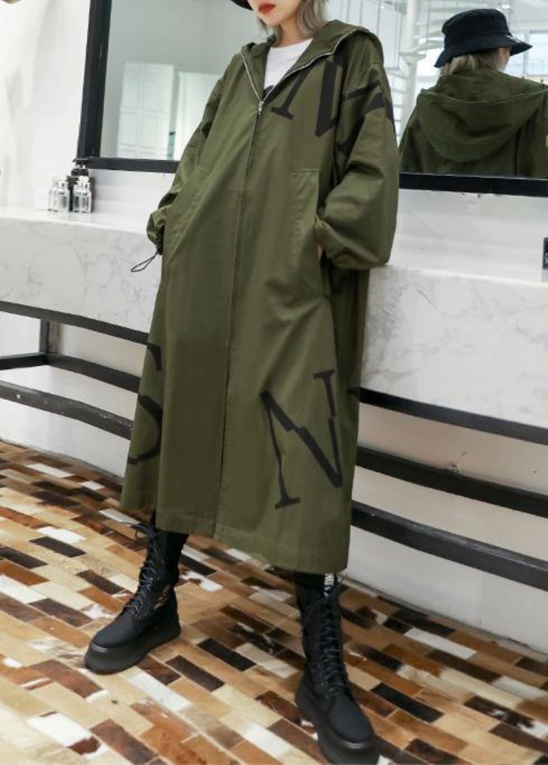 Manteau Vert Armée Grande Taille D'automne Long Poches À Capuche Vêtements D'extérieur Zippés - Trenchs femmes