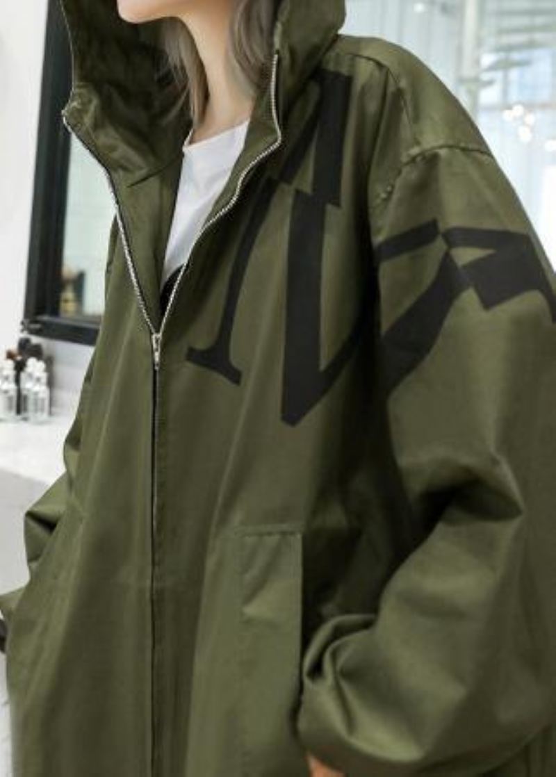 Manteau Vert Armée Grande Taille D'automne Long Poches À Capuche Vêtements D'extérieur Zippés - Trenchs femmes