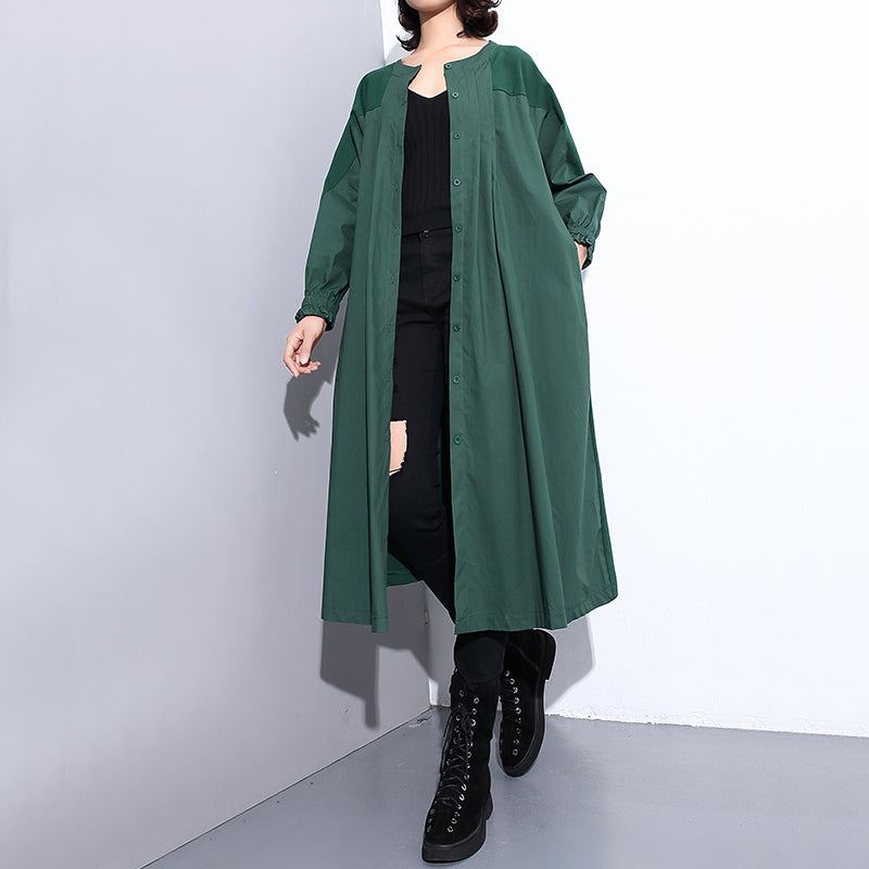 Manteau Vert Vintage Grande Taille Col Montant D'hiver Femmes Poches Patchwork Manteaux