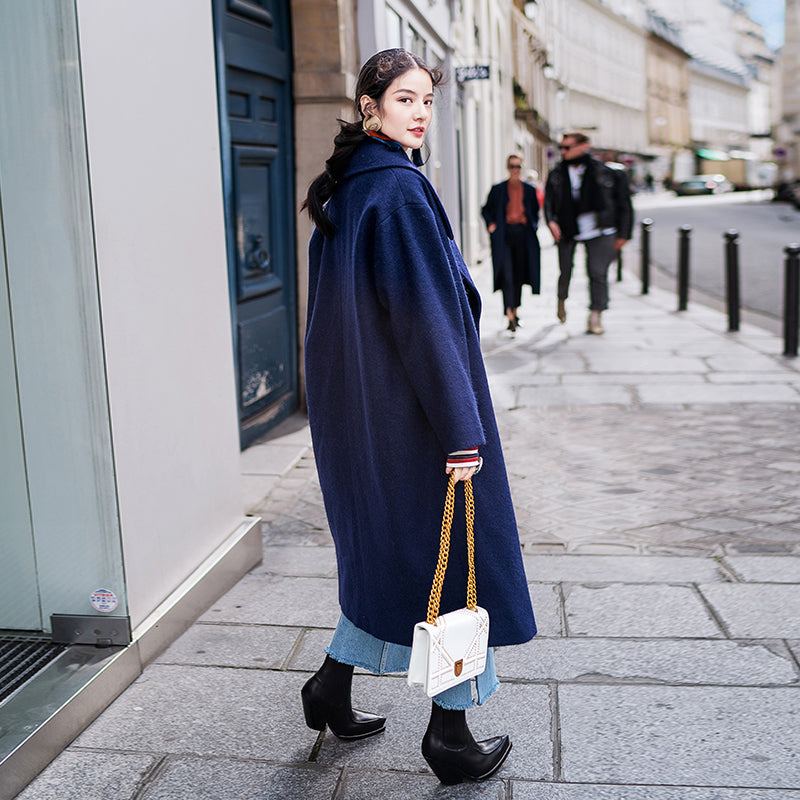 Manteaux Bleu Marine Élégants Vêtements Grande Taille Manteau Maxi Cranté Poches Élégantes Croisé - Trenchs femmes