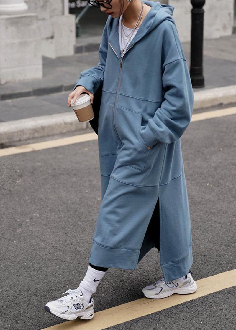 Manteaux À Capuche Pour Femmes Ouverts Sur Le Côté De Mode Bleus Quotidiens - Bleu