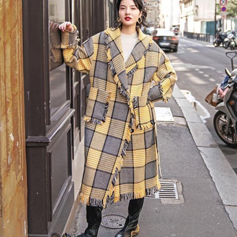 Manteaux À Carreaux Jaunes À La Mode Vêtements D'extérieur Décontractés Crantés Poches À Pompon - Trenchs femmes