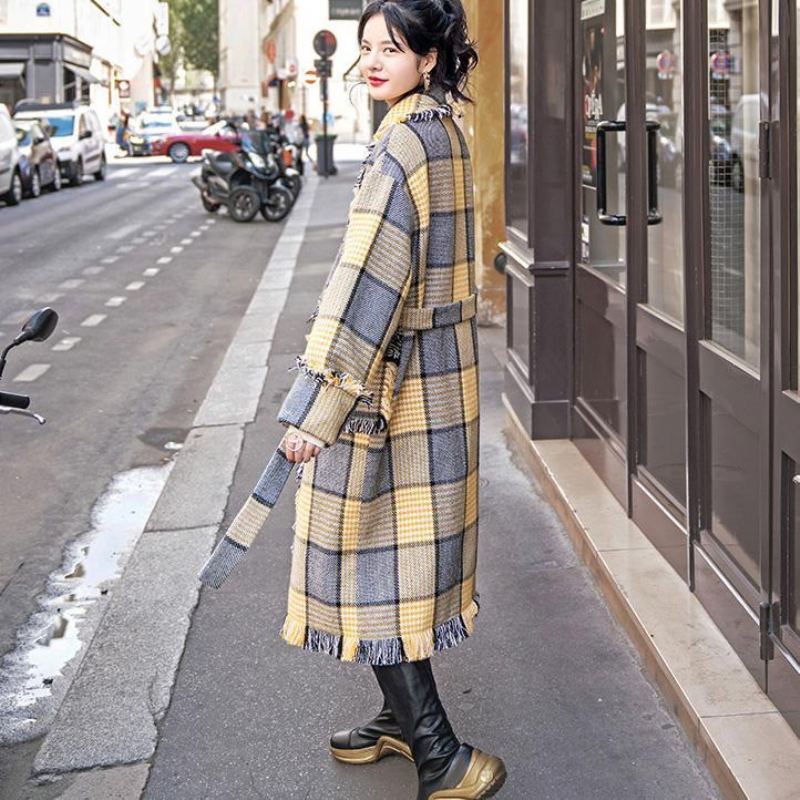 Manteaux À Carreaux Jaunes À La Mode Vêtements D'extérieur Décontractés Crantés Poches À Pompon - Trenchs femmes