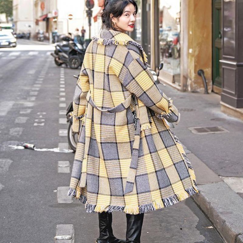 Manteaux À Carreaux Jaunes À La Mode Vêtements D'extérieur Décontractés Crantés Poches À Pompon - Trenchs femmes