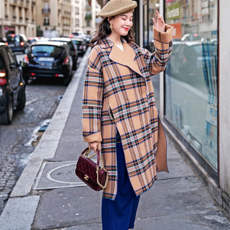 Manteaux À Carreaux Kaki Pour Femmes Grande Taille Manteau D'hiver Cranté Fines Poches Latérales Ouvertes Vestes En Laine - Trenchs femmes