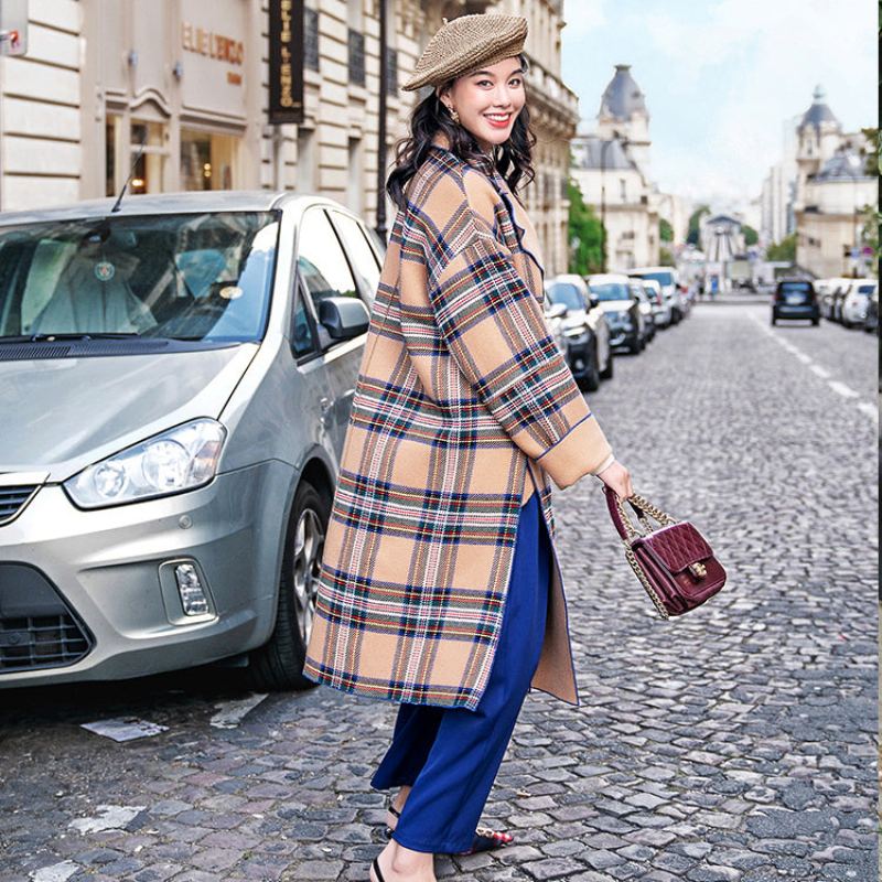 Manteaux À Carreaux Kaki Pour Femmes Grande Taille Manteau D'hiver Cranté Fines Poches Latérales Ouvertes Vestes En Laine - Trenchs femmes