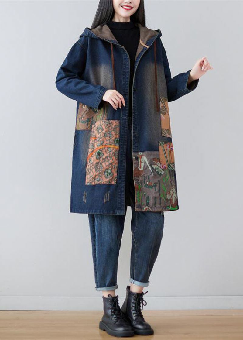 Manteaux En Denim Imprimés Patchwork À Capuche Bleu Marine Moderne Printemps - Trenchs femmes