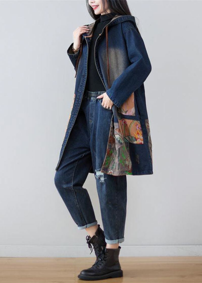 Manteaux En Denim Imprimés Patchwork À Capuche Bleu Marine Moderne Printemps - Trenchs femmes