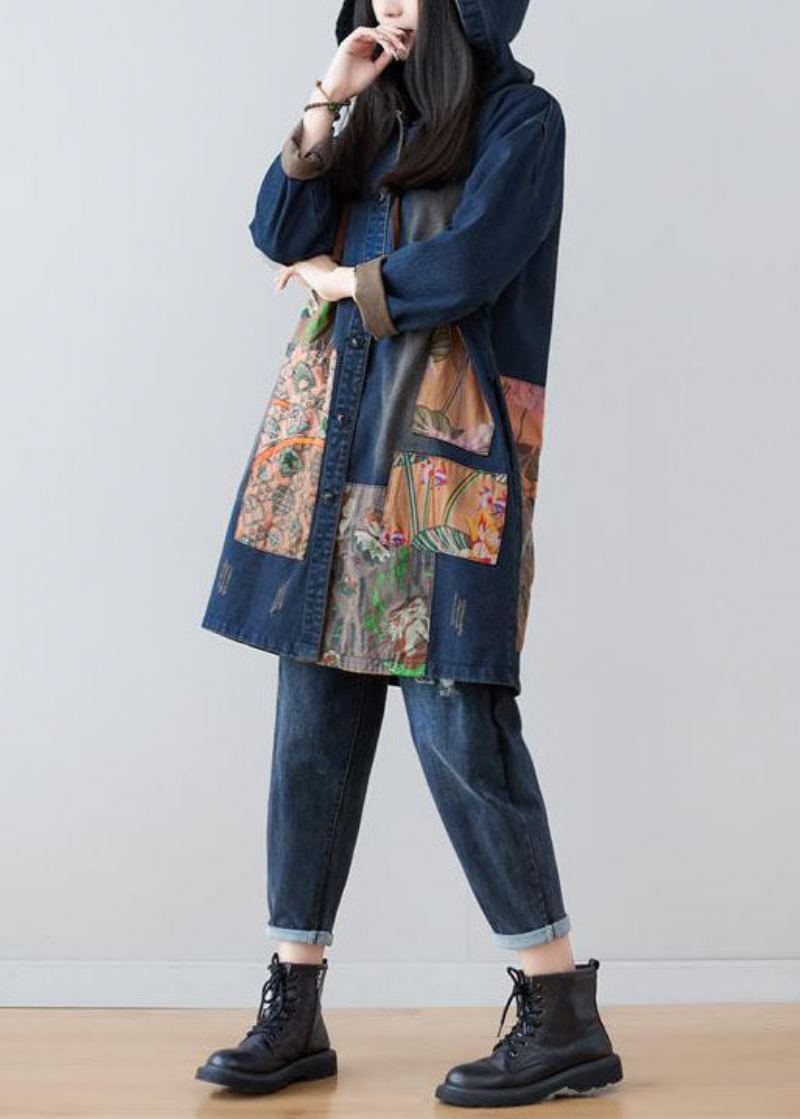 Manteaux En Denim Imprimés Patchwork À Capuche Bleu Marine Moderne Printemps - Trenchs femmes