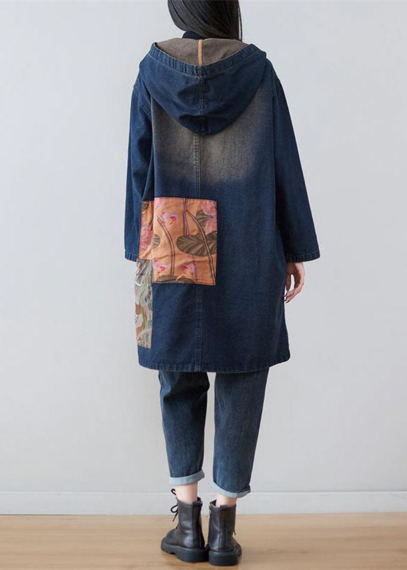 Manteaux En Denim Imprimés Patchwork À Capuche Bleu Marine Moderne Printemps - Trenchs femmes