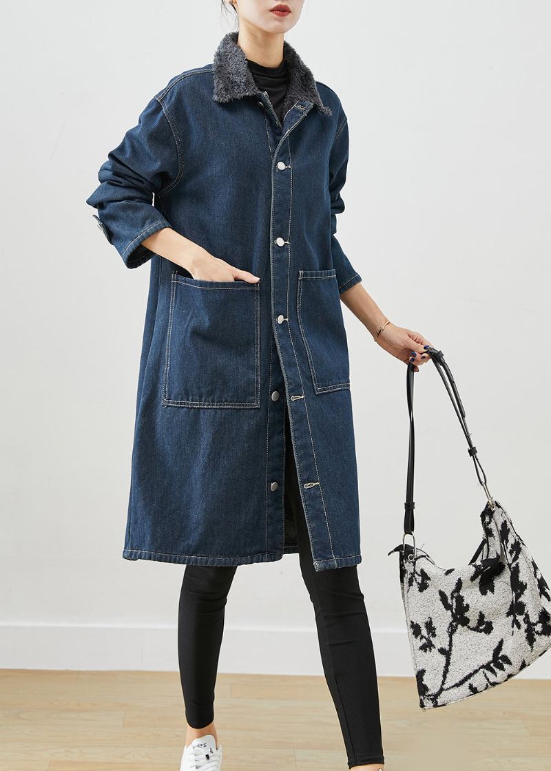 Manteaux En Denim Polaire Chaud Avec Col Peter Pan De La Marine Moderne Poches Hiver - Trenchs femmes