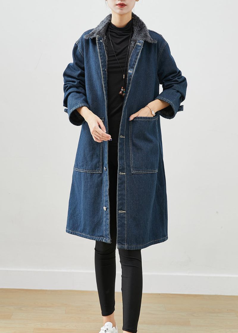 Manteaux En Denim Polaire Chaud Avec Col Peter Pan De La Marine Moderne Poches Hiver - Trenchs femmes